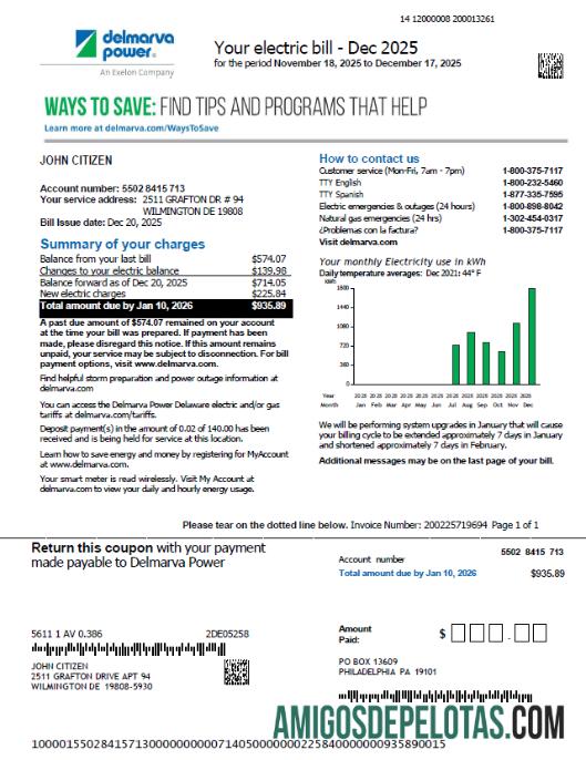 para download Modelo de conta de serviços públicos de energia Delmarva dos EUA em formatos Word e PDF, versão 2